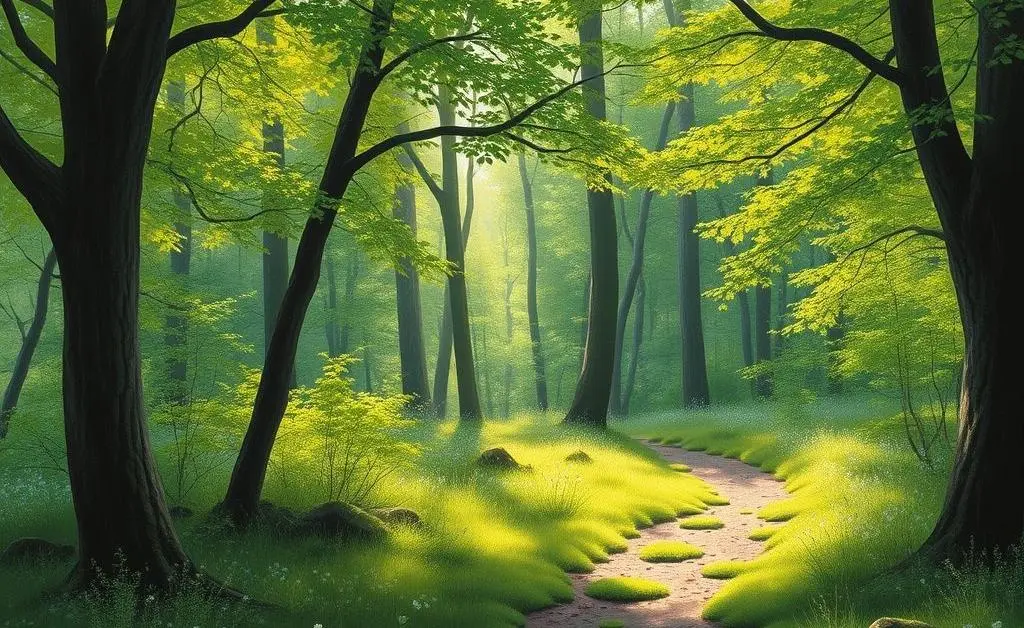 A peaceful hiking trail winding through a forest at dawn