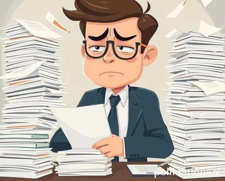 Illustration of a stressed office worker surrounded by stacks of papers and reports