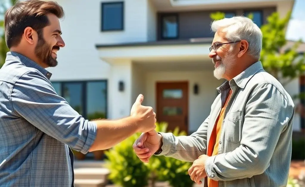 Two people shaking hands happily after a successful real estate negotiation.