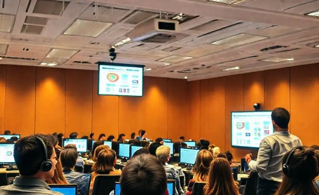 An image of a group training session with call center agents learning from a presentation.
