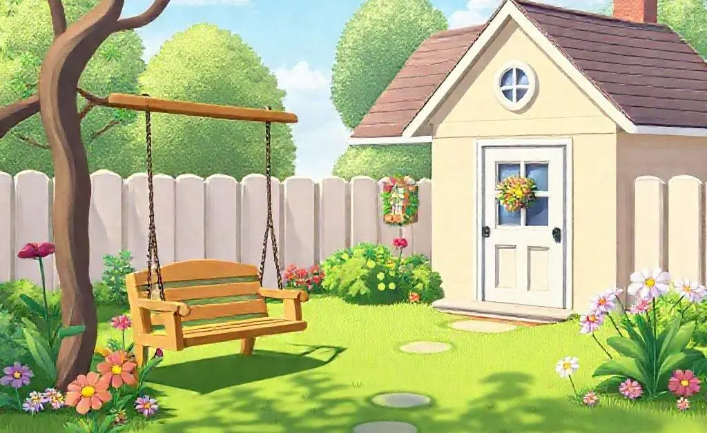 A peaceful, cartoon-style yard with a swing and blooming flowers as a symbol of the finished dream home.