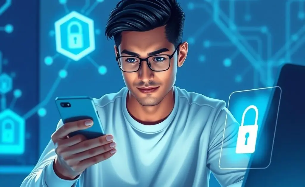 Character using their phone for two-factor authentication