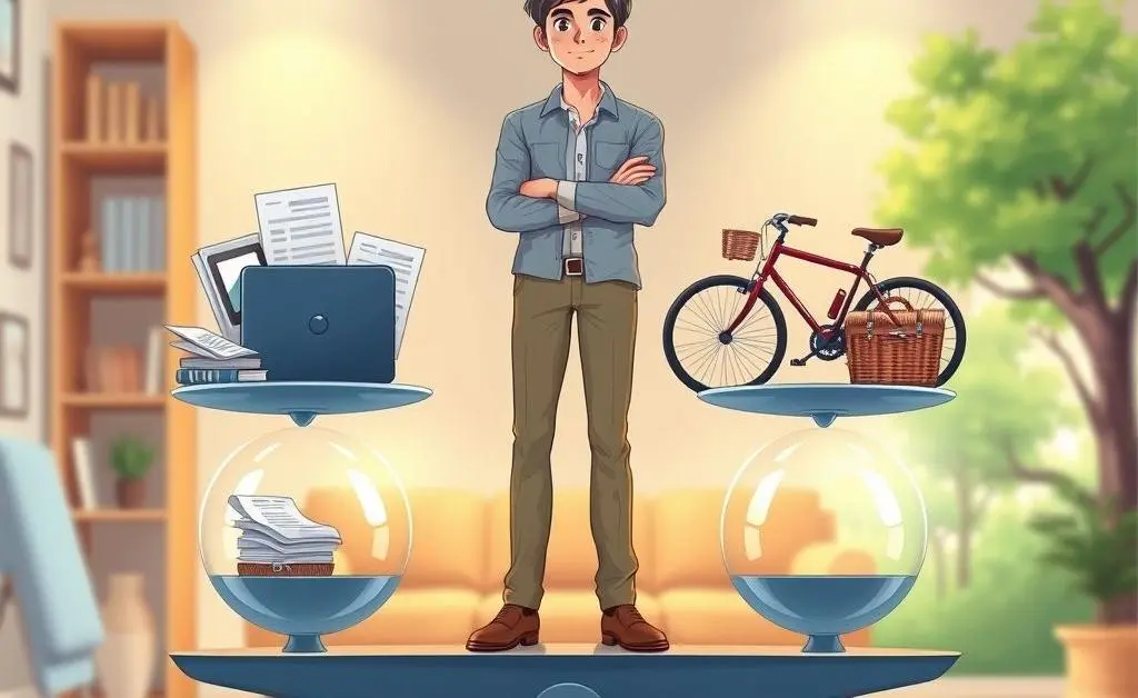 A person balancing scales with symbols of money and ethics.