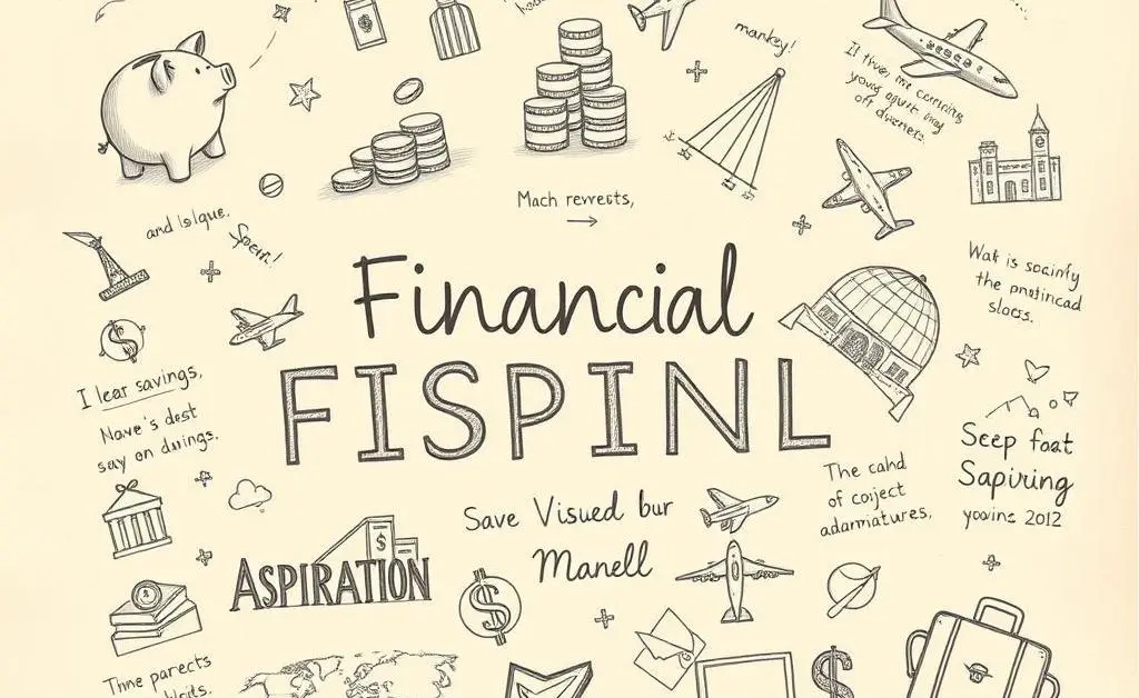 A vision board with financial goals and timelines in a bright, artistic style