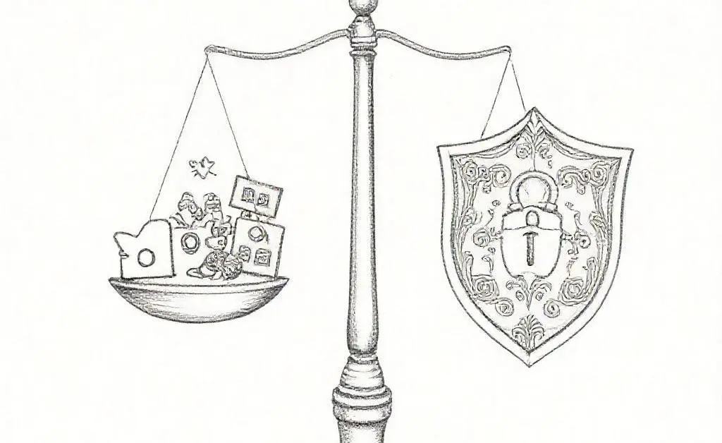 Hand-drawn scale balancing social media apps on one side and a shield representing privacy on the other.