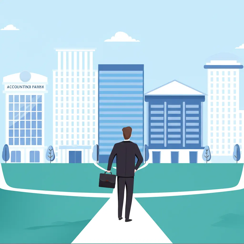 Cartoon of a person choosing a career path with accounting firm buildings