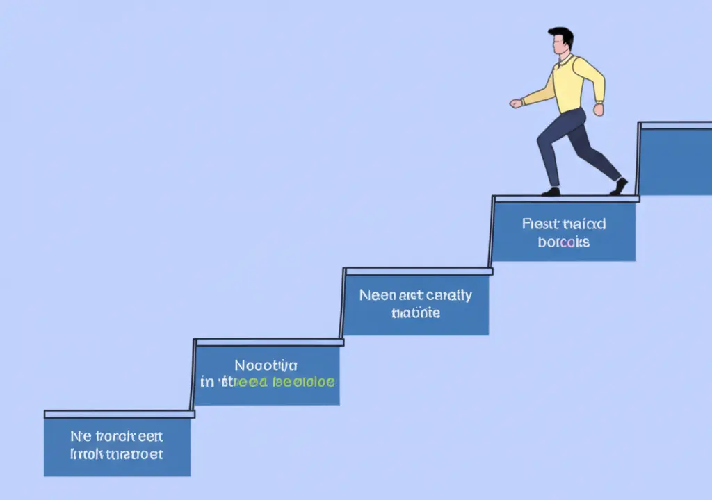 A cartoon illustration of stepping up through small habits