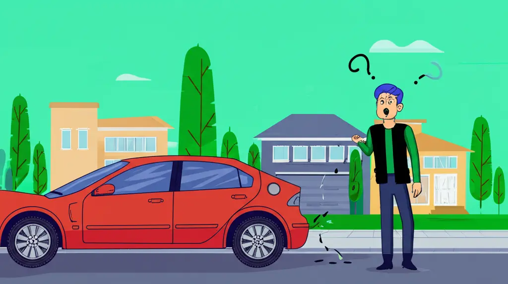 Person standing next to a dented car in a neighborhood