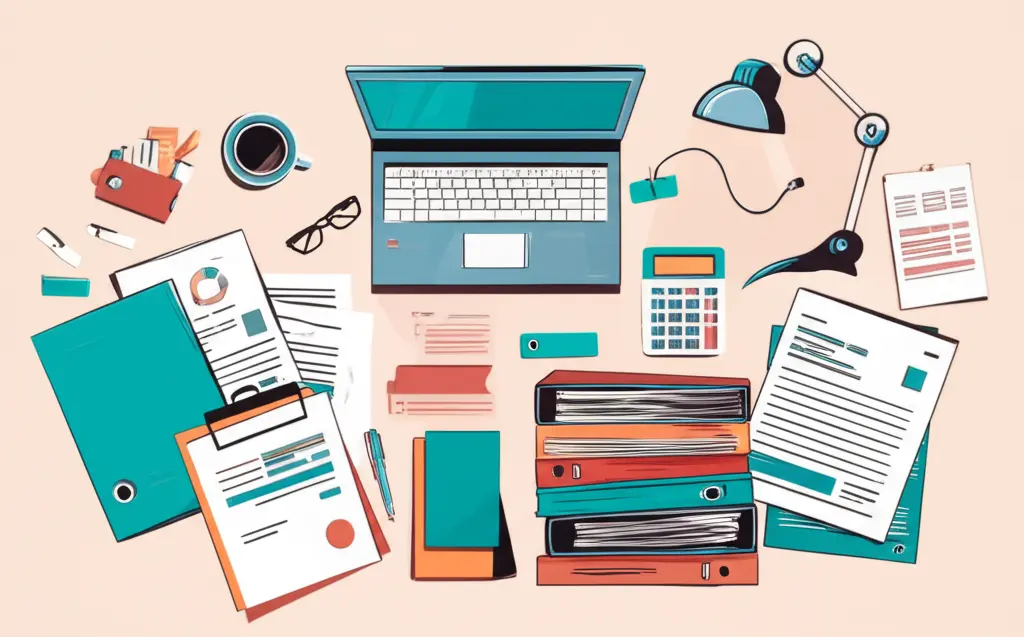 A busy insurance underwriter's desk with paperwork and a laptop