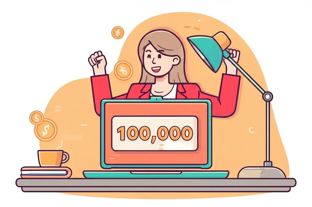 Young woman celebrating financial success at her desk with a laptop