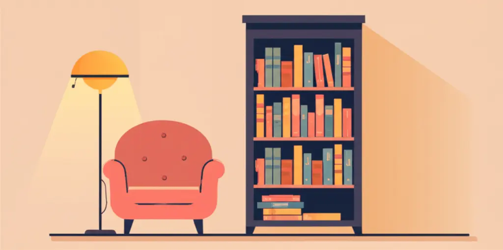 Decorative cozy reading nook with armchair and bookshelf