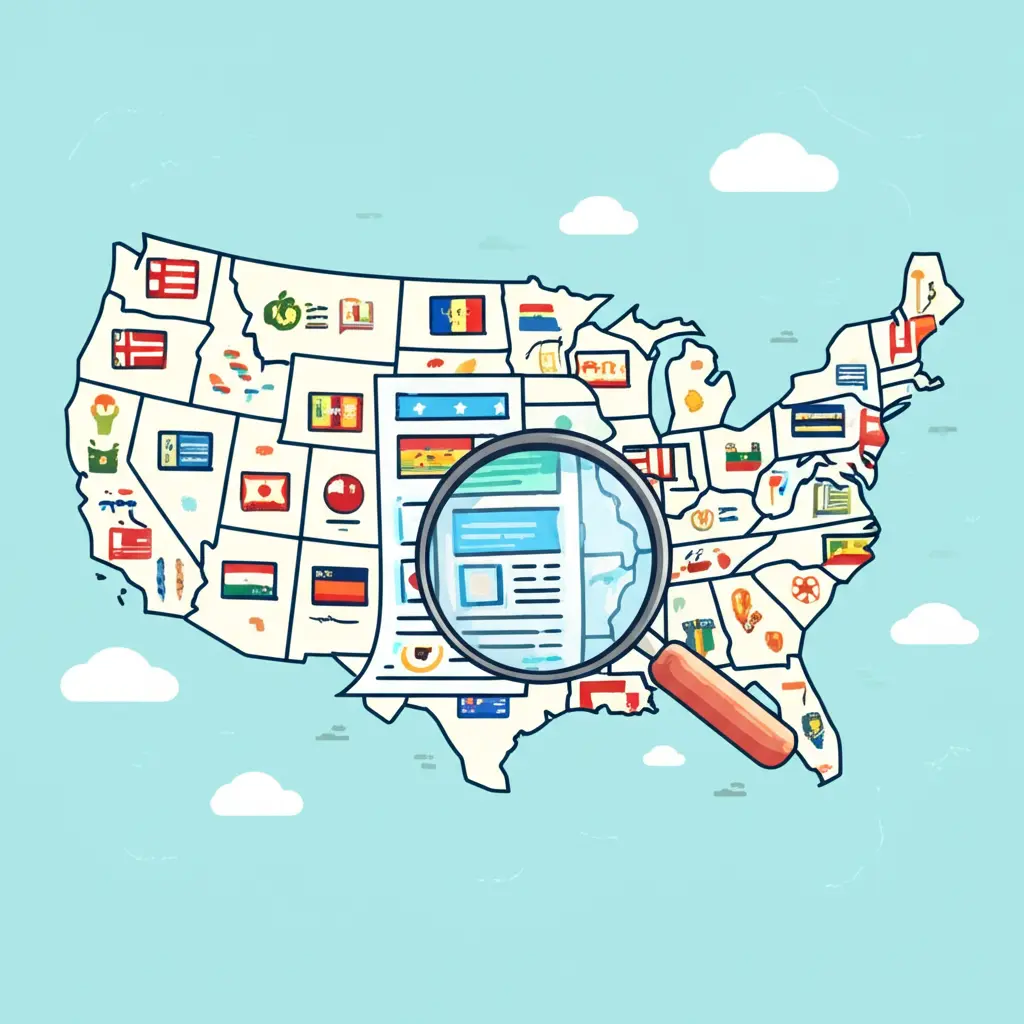 A map with state flags and a magnifying glass focusing on loan documents