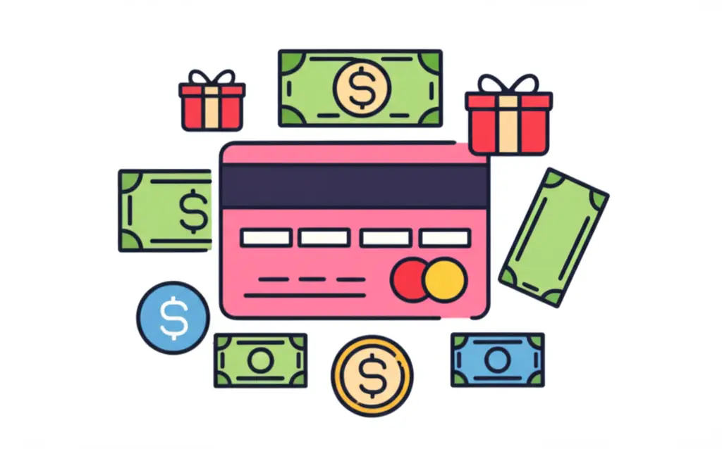 Illustration of a credit card with cash and rewards icons