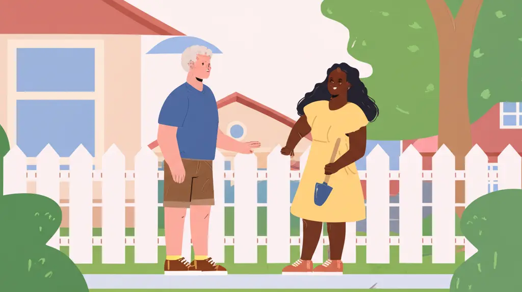 Illustration of two neighbors discussing homeownership issues over a fence