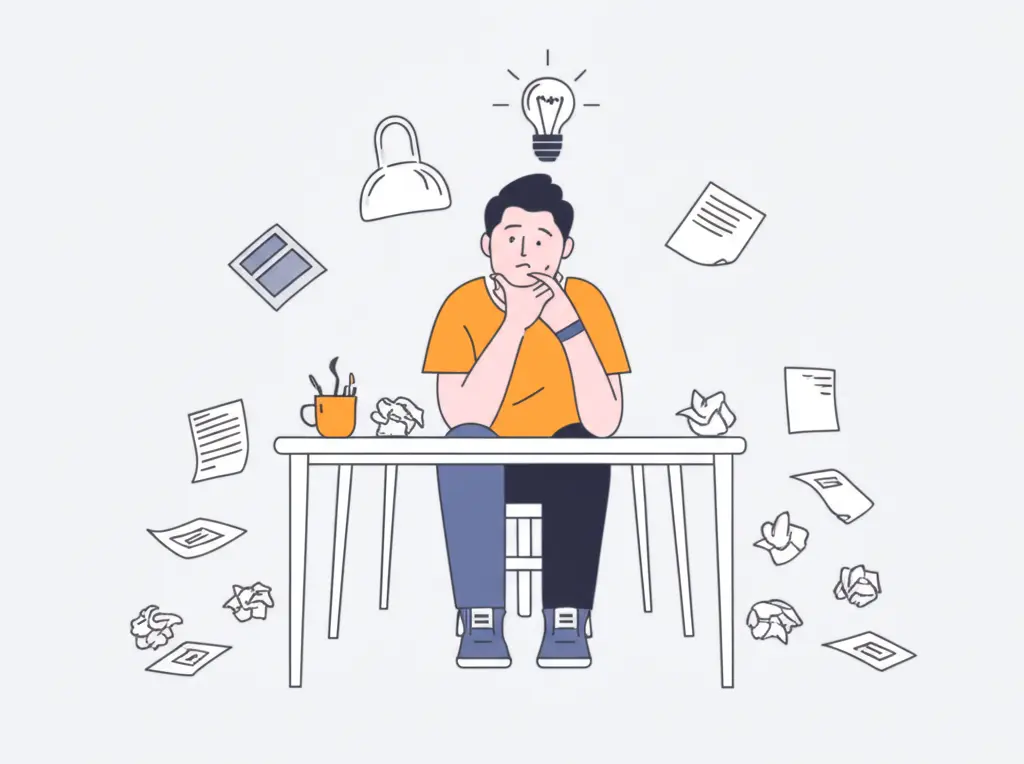 A person at a desk having a moment of inspiration.