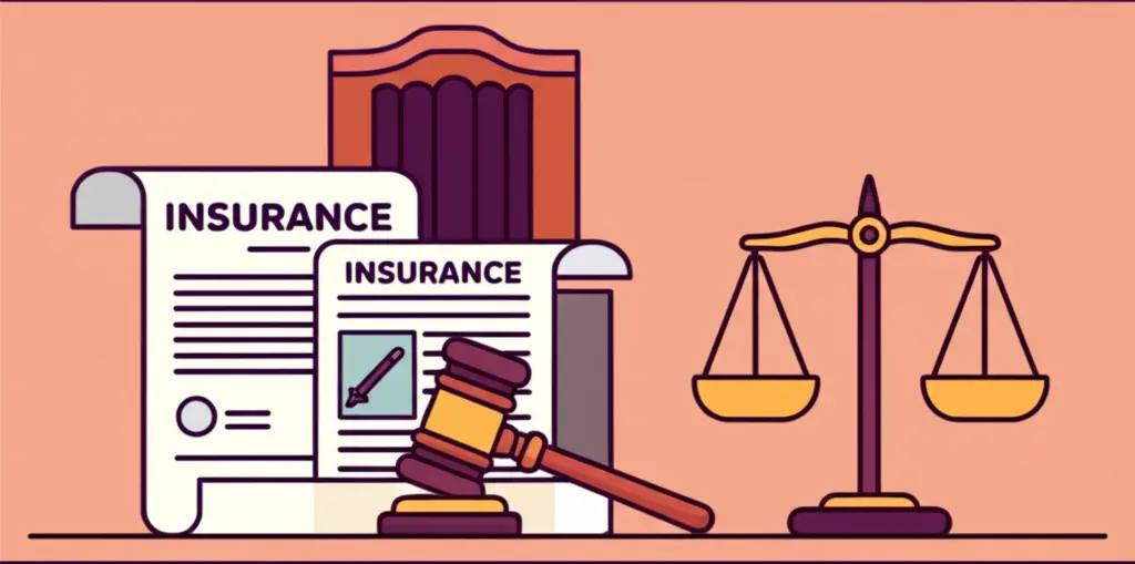 A courtroom scene with scales of justice and insurance documents