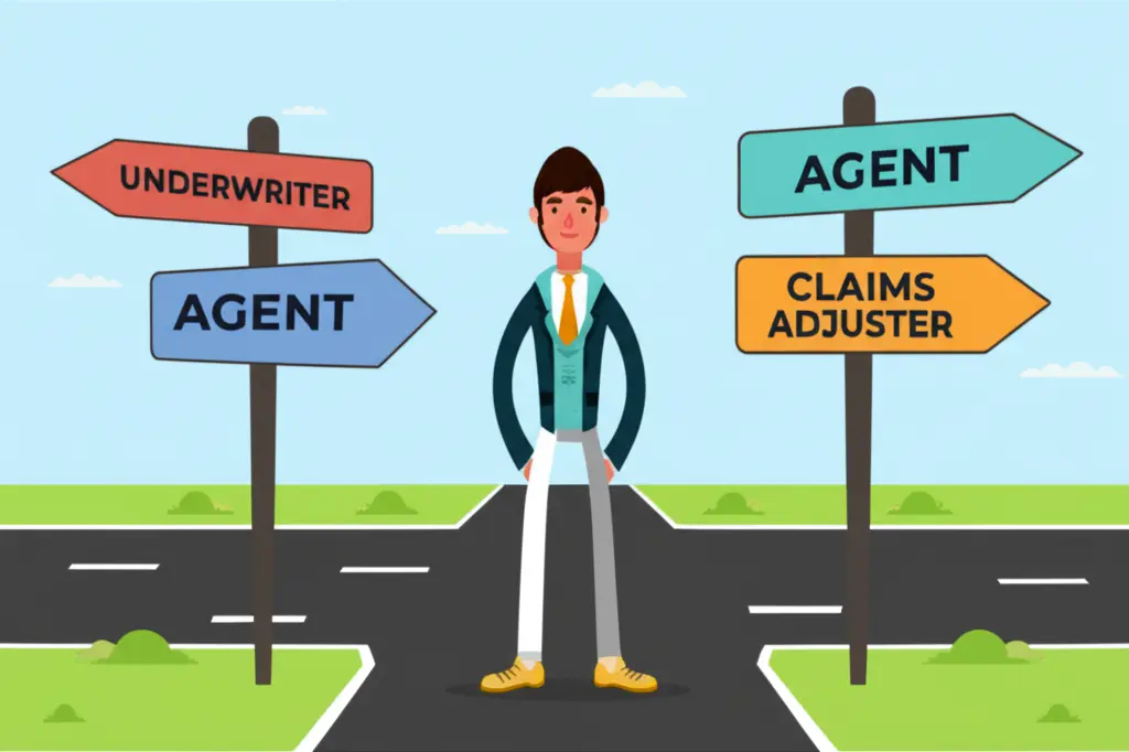 Person standing at crossroads with career paths in insurance