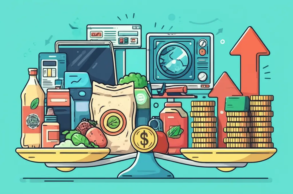 Illustration of consumer products with a balancing scale for tariffs