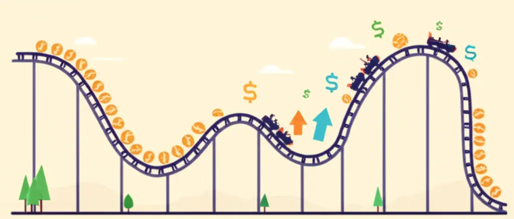 Cartoon rollercoaster with stock market symbols symbolizing market movements