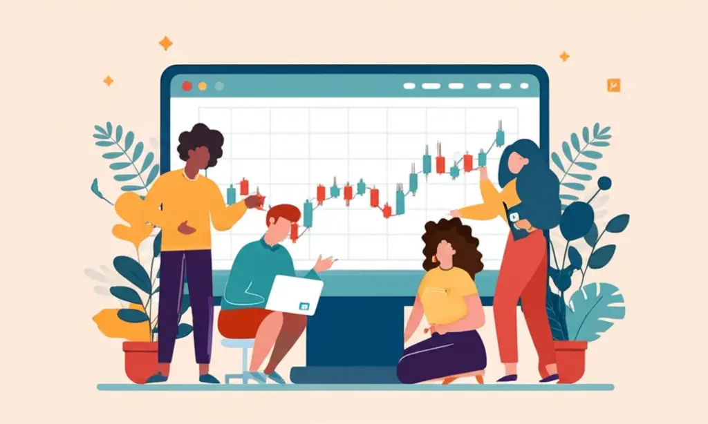 A diverse group analyzing a stock market graph