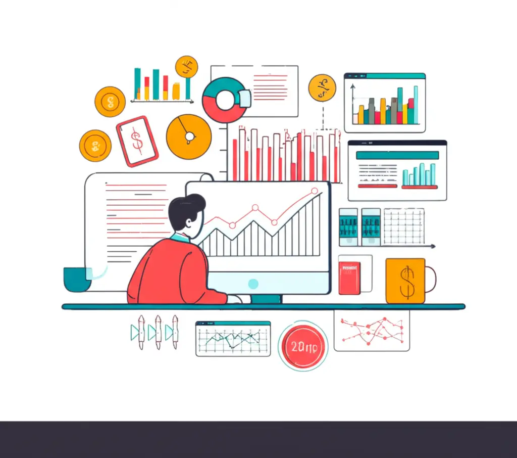 Person studying financial documents with graphs and charts