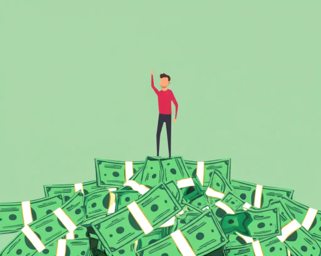A cartoon-style image of a person standing on a pile of money, symbolizing financial success.