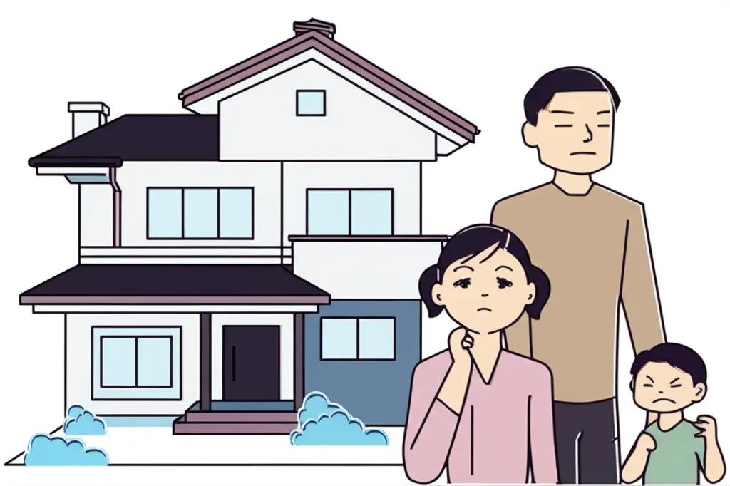 A family standing in front of a new house, contemplating purchase.