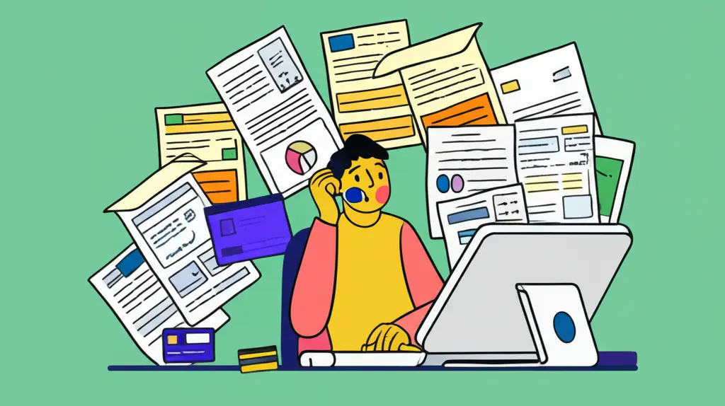 A person looking confused at a computer with credit card statements