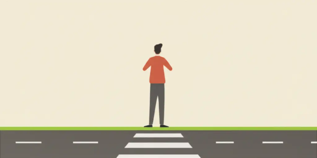 A middle-aged person at a crossroads representing life's transitions