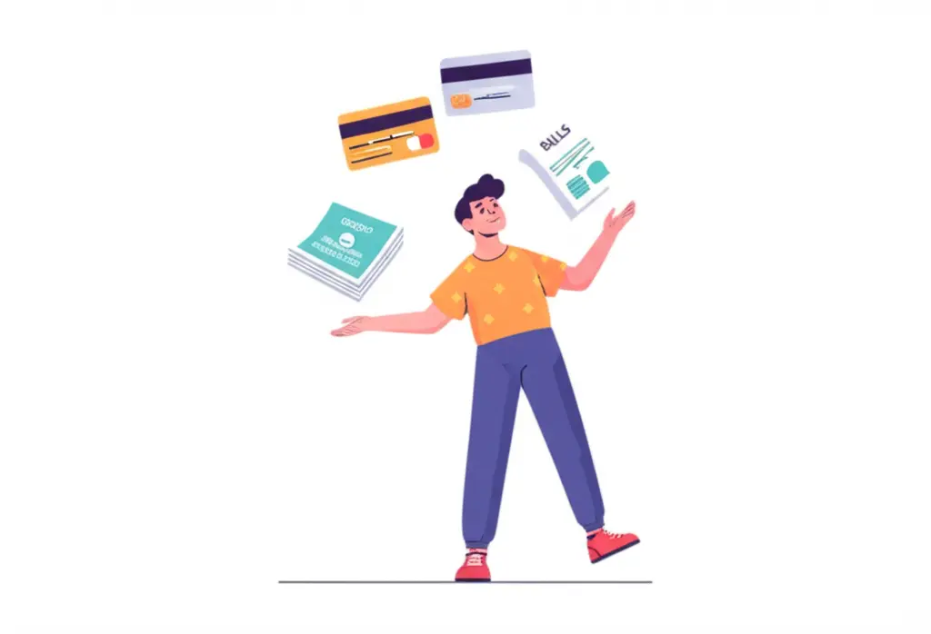 Person juggling various debt bills with determination