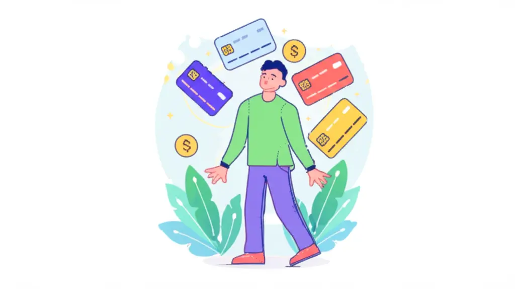 A cartoon figure managing credit cards and rewards effectively.