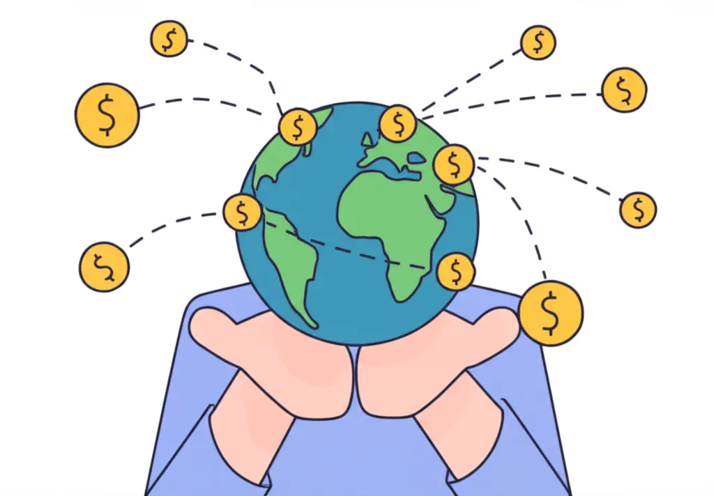 A globe with dollar signs connected by lines, representing global money transfer.