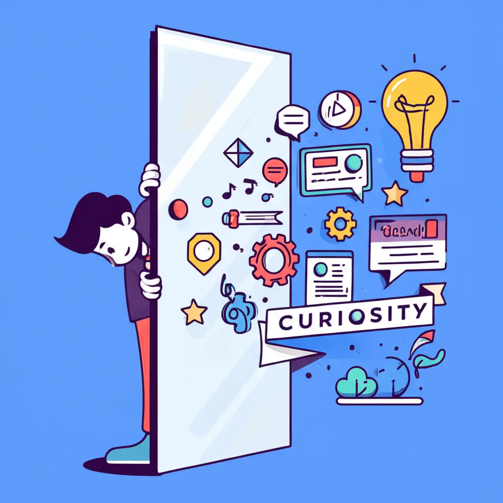 Person peeking through a door labeled 'Curiosity' with ideas floating around