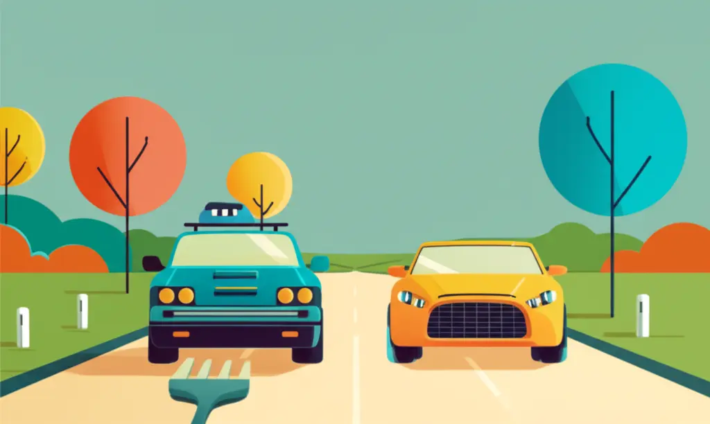 A fork in the road with cars illustrating the decision between old and new vehicles