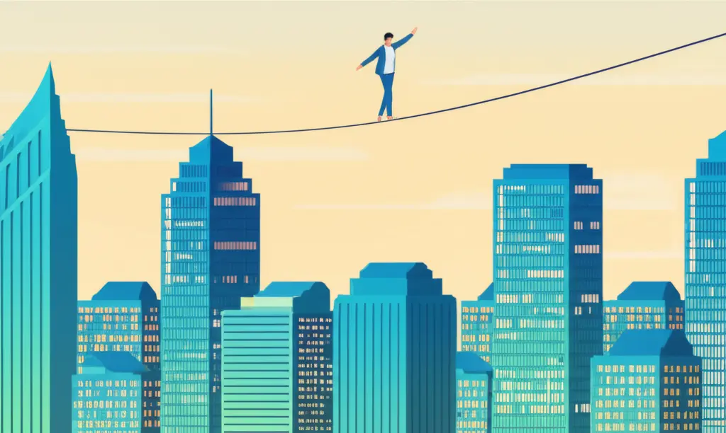 Navigating complex situations represented by a person balancing on a tightrope over a cityscape.