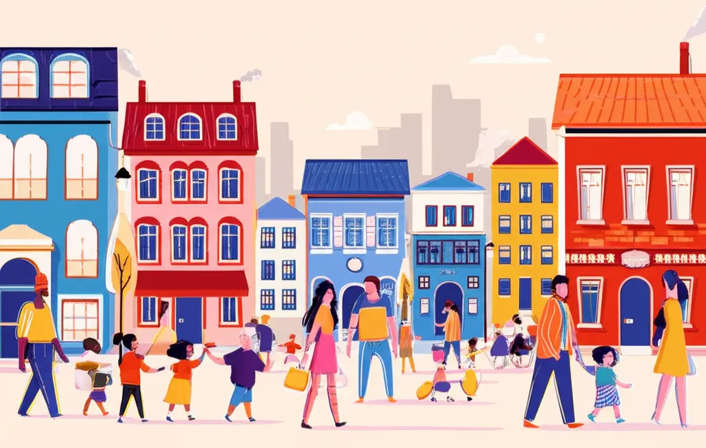 A welcoming neighborhood street with people and colorful houses.