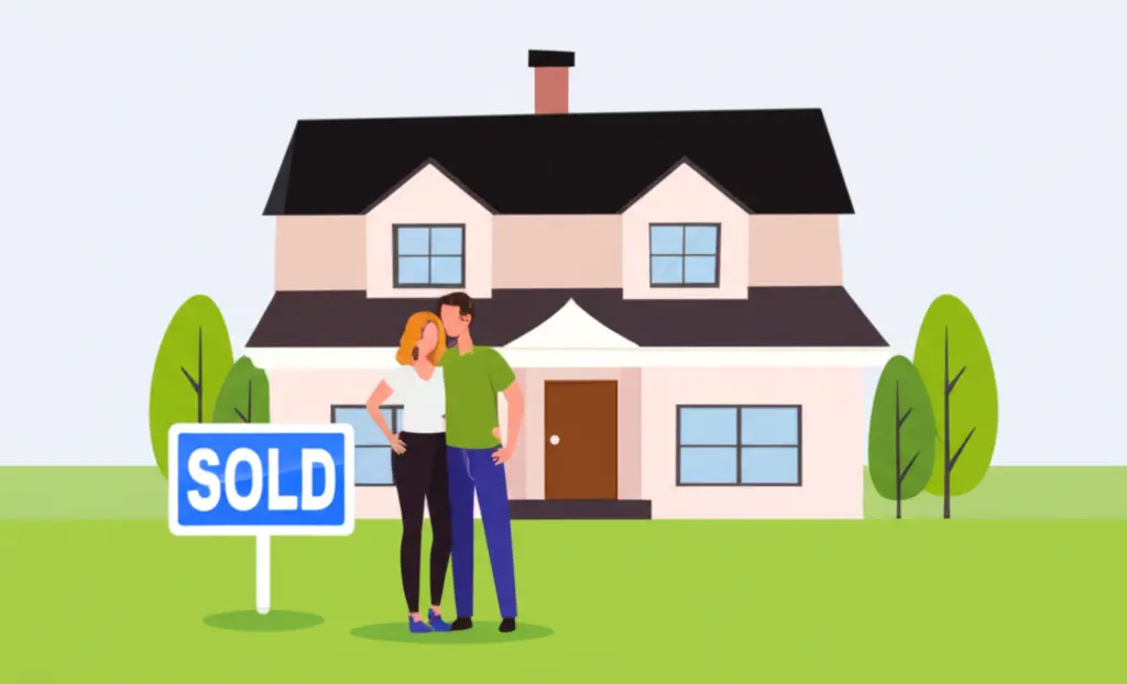 Illustration of a happy couple in front of a new home