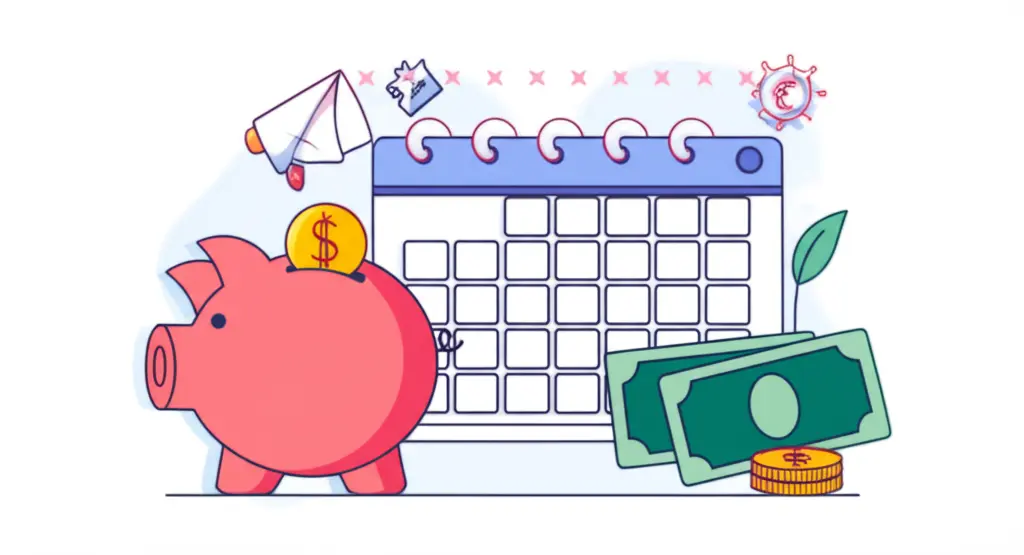 A person happily looking at a full piggy bank with financial planning materials