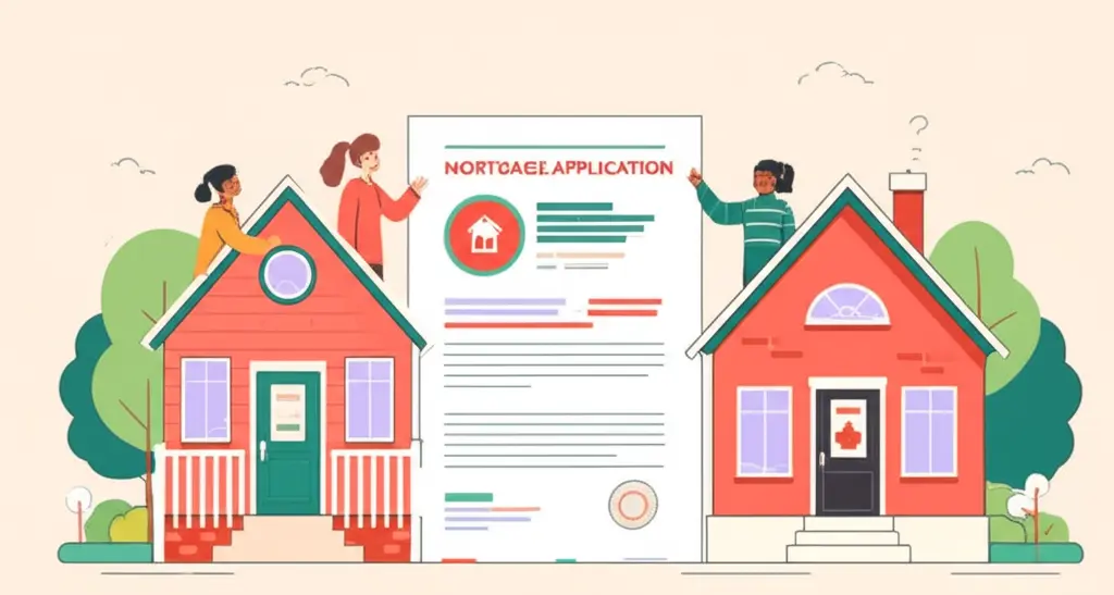 Cartoon illustration of people reviewing mortgage applications in Canada