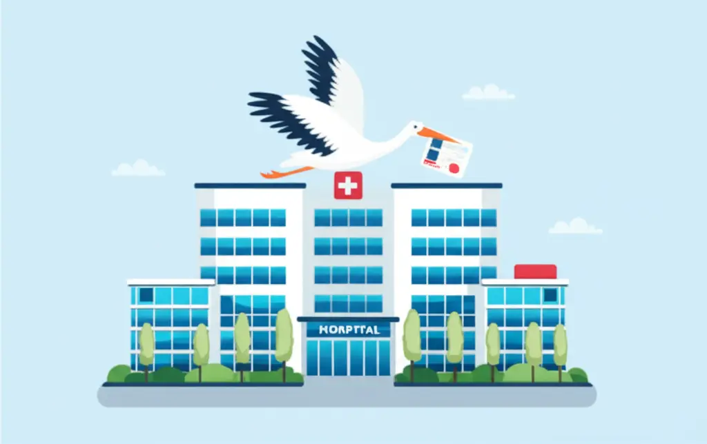 Cartoon of a stork flying with a health insurance card over a hospital