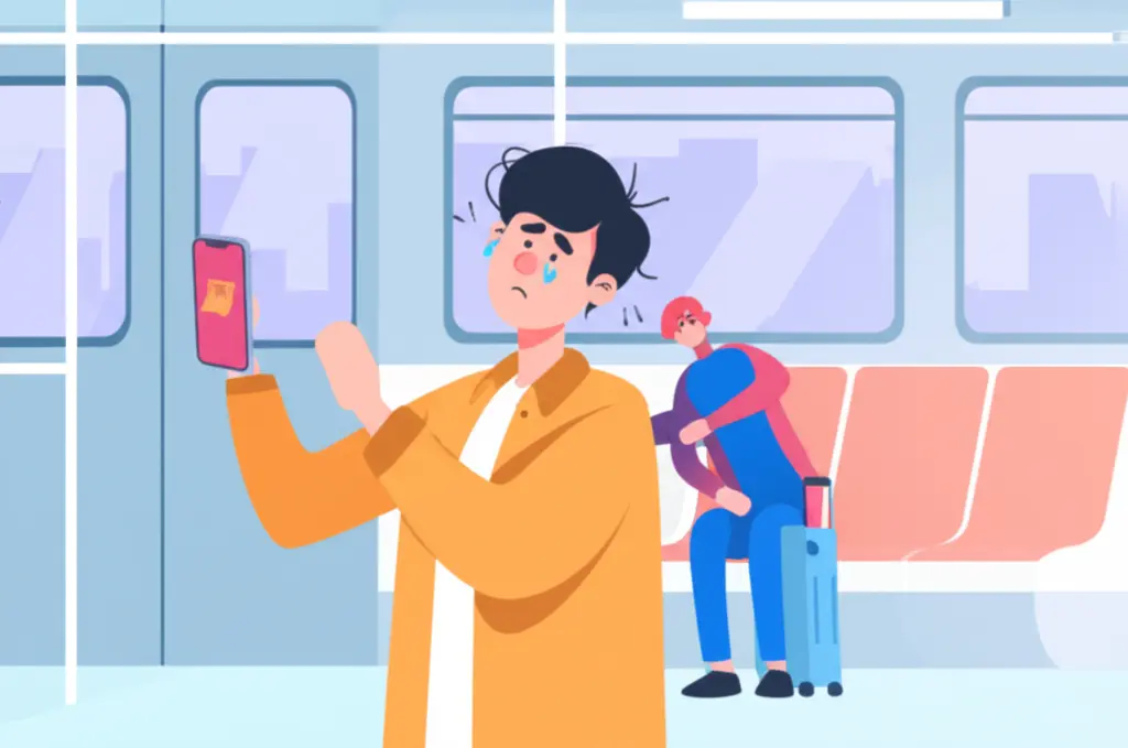 A commuter on a train realizing their phone has been stolen.