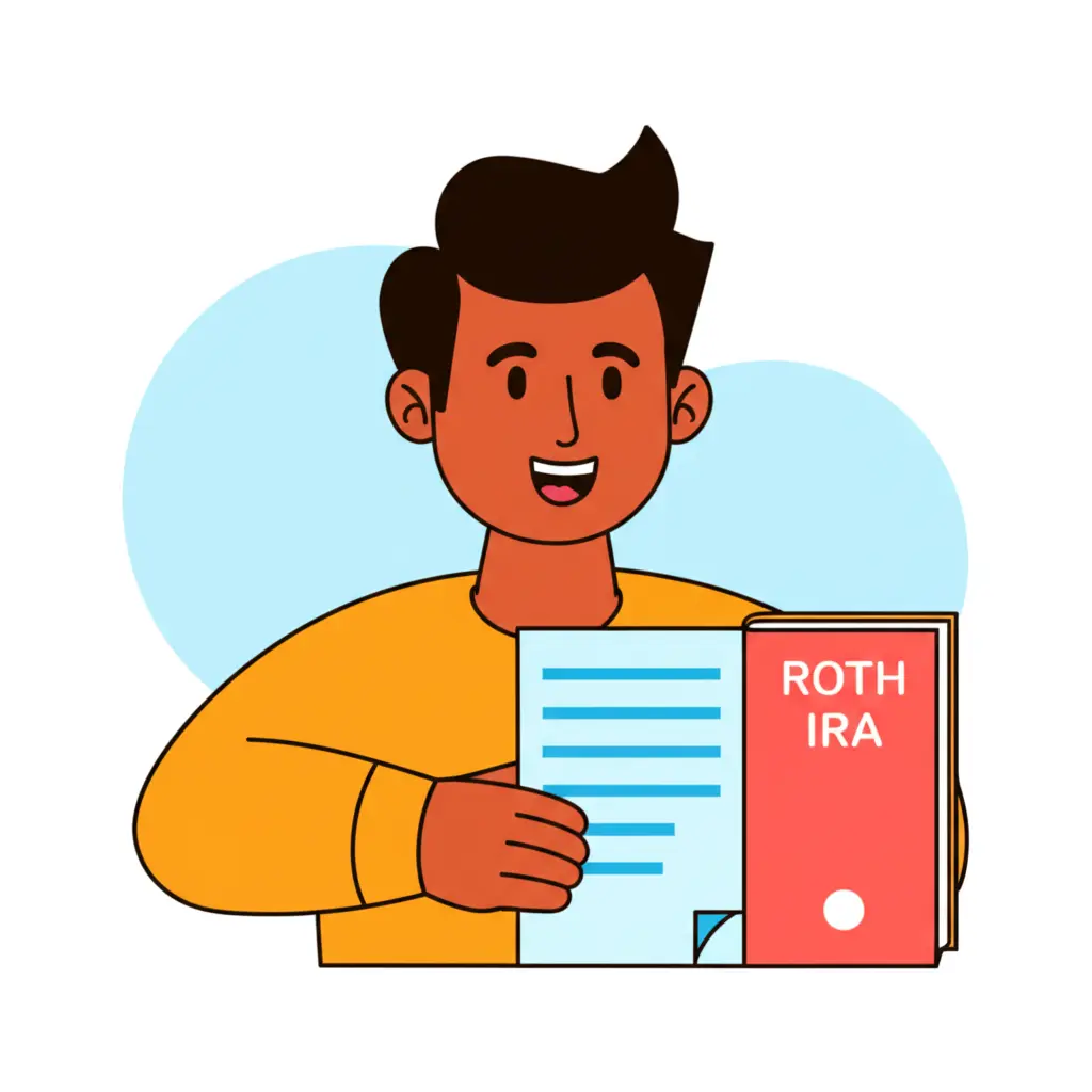 Illustration of a person learning about Roth IRA with financial paperwork