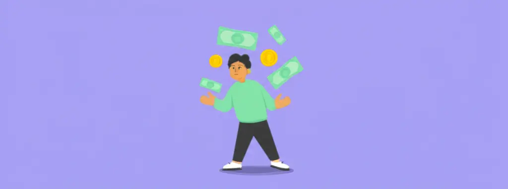 A person juggling coins and bills, symbolizing wealth management