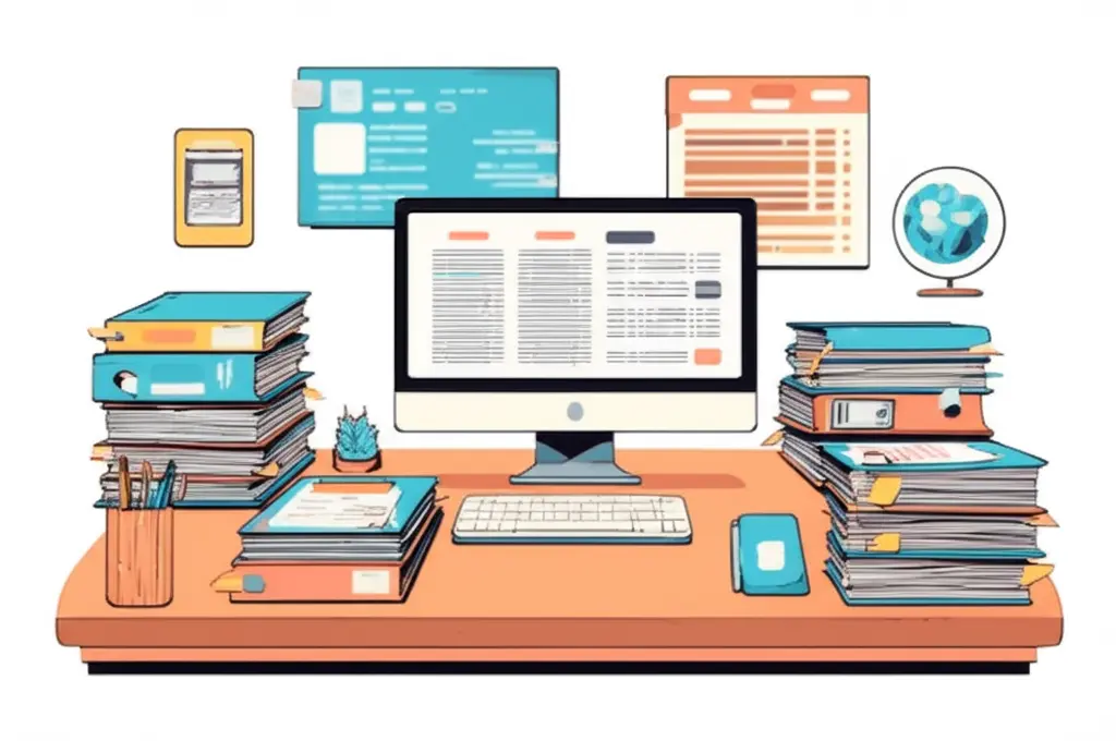 An organized underwriter's desk with papers and a laptop