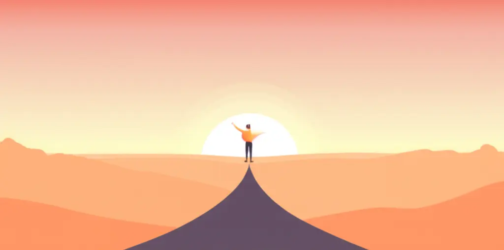 A person at a crossroads with a sunrise in the background, symbolizing new beginnings.