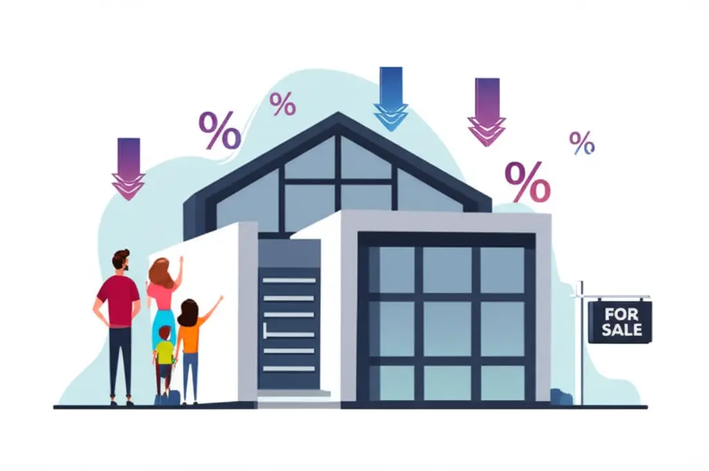 Family looking at a house for sale with falling interest rate symbols