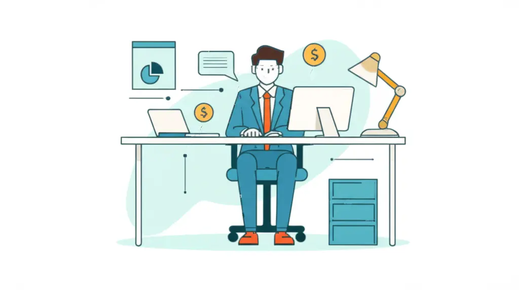 Illustration of a mortgage officer at a desk with financial symbols.