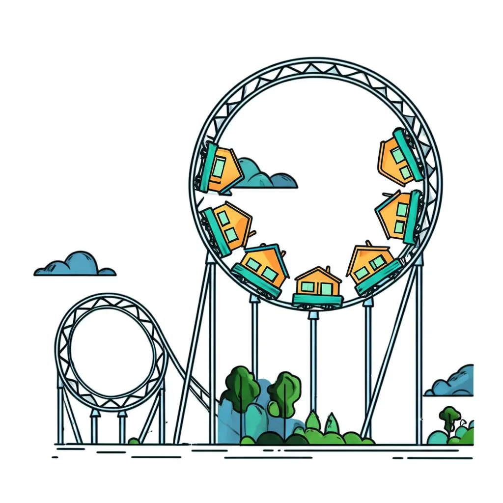 Illustration of a rollercoaster with houses depicting real estate market volatility