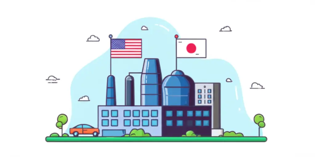 A car factory with an American and a Japanese flag depicting international trade