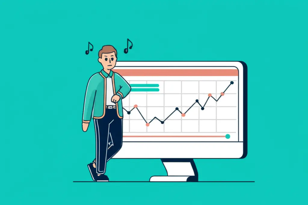 Person waiting by a computer showing stock market graphs